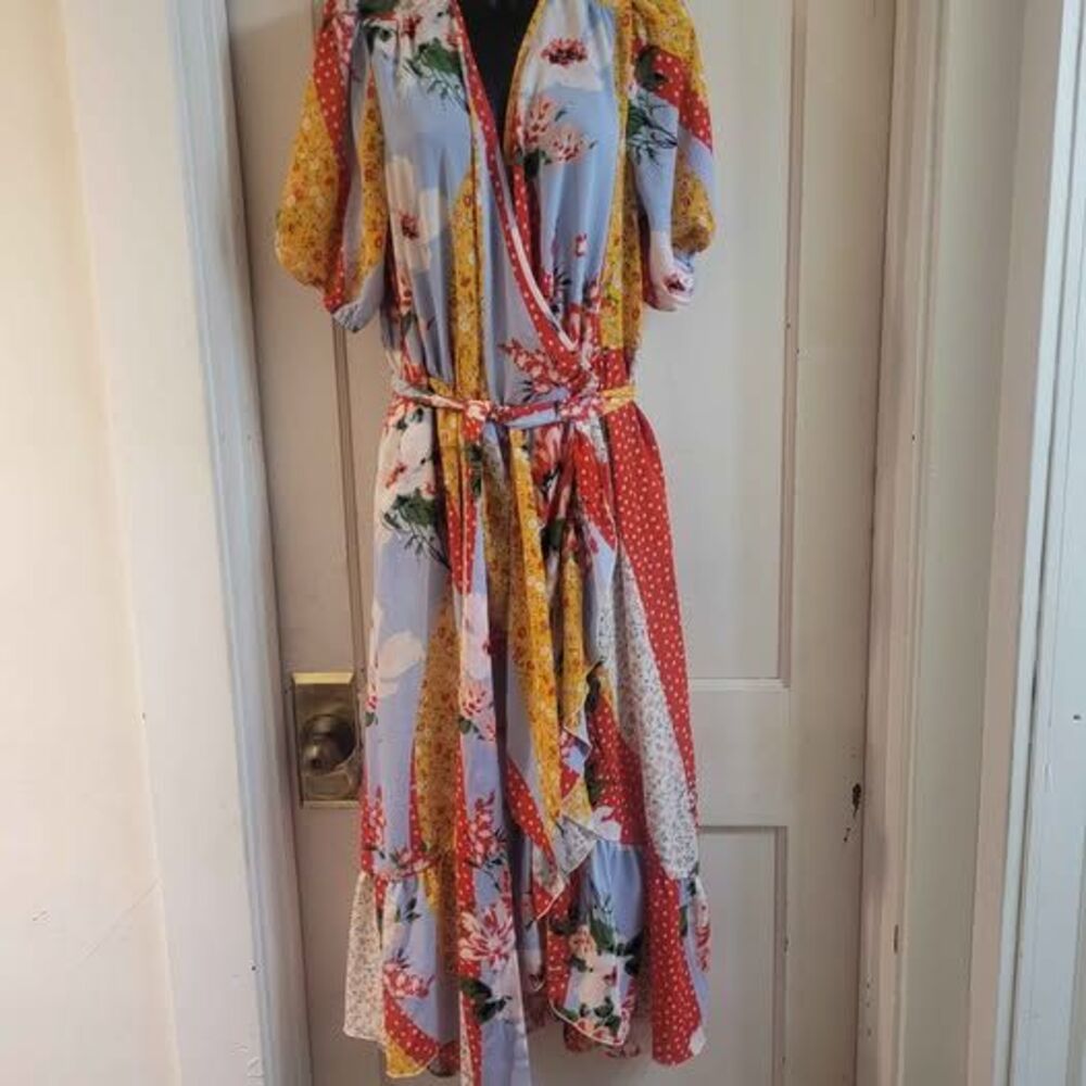 New York & Company Patchwork Floral Wrap Maxi Dress Size L